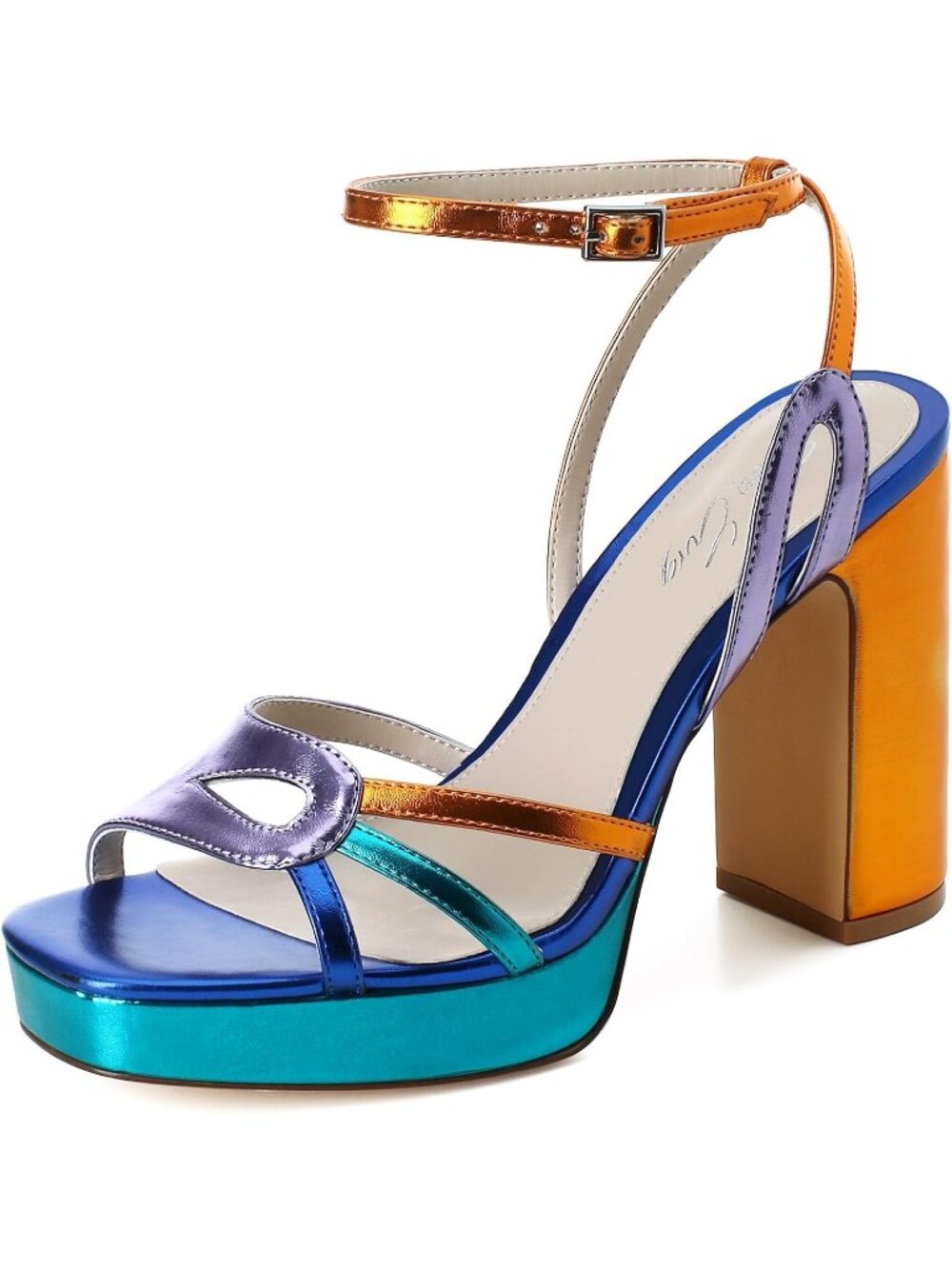 🆕Women's Blue Orange Strappy Platform Heels Square Open Toe Chunky Sandals